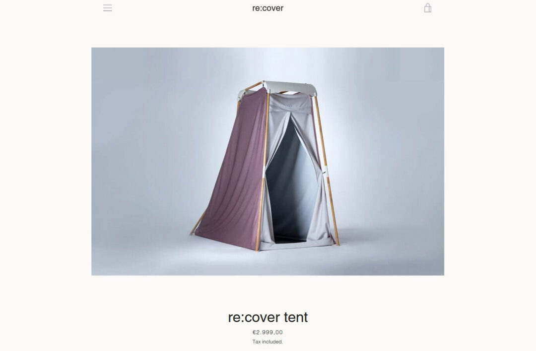 Screenshot von recover.re: Unter der Marke re:cover wird ein Meditationszelt für schlappe 2999 Euro verkauft.