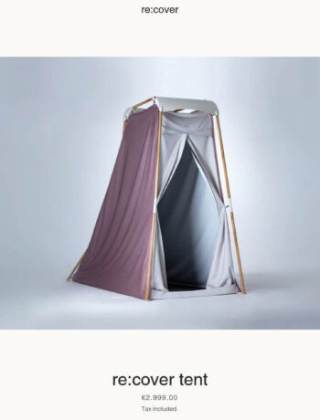 Screenshot von recover.re: Unter der Marke re:cover wird ein Meditationszelt für schlappe 2999 Euro verkauft.